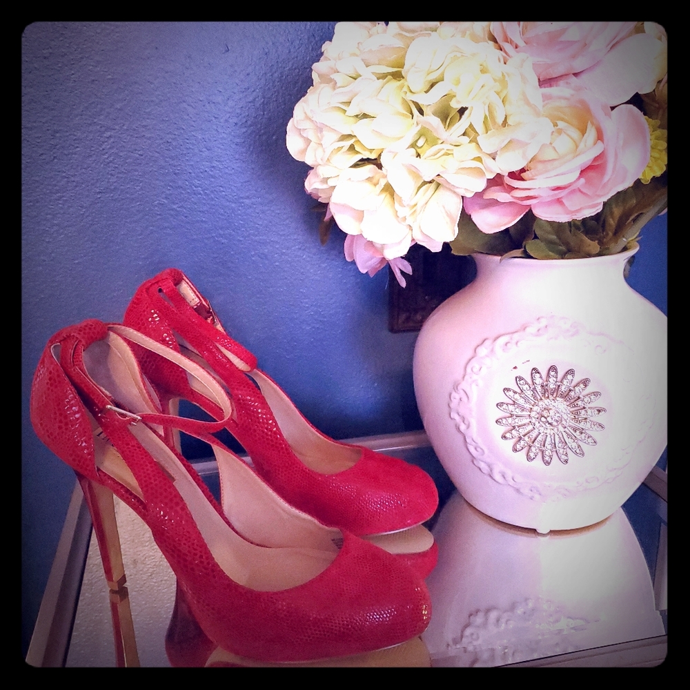 INC red platform maryjane stilettos